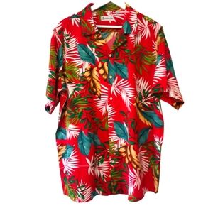 Hawaiian Vacation Red Tropical Leaves Printed Button Down Shirt
